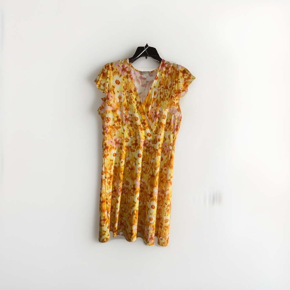 Sunny Leigh Yellow Orange And Pink Floral Wrap Dress Size M